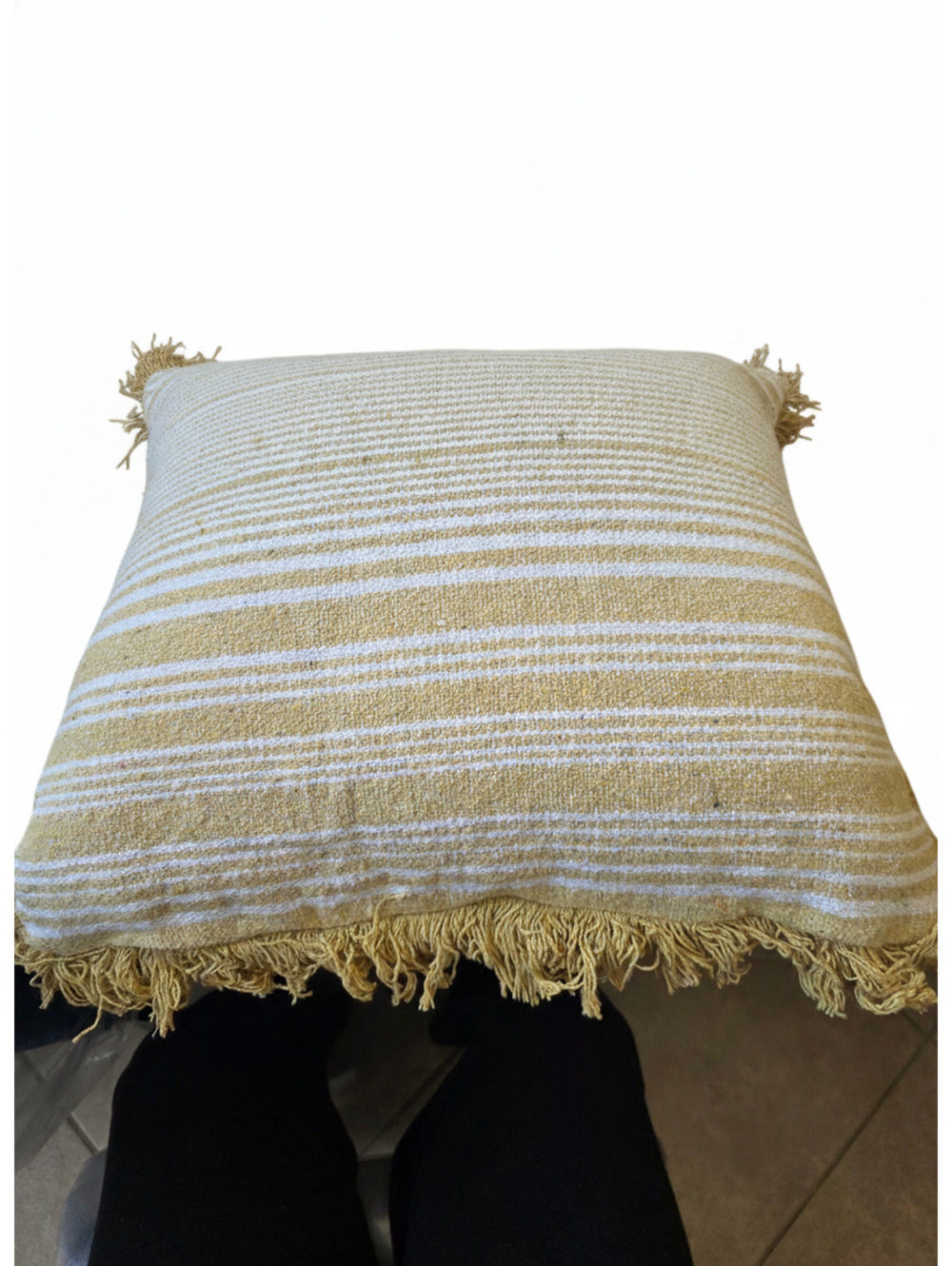 Decorative mustard and cream Striped Throw Pillow with Fringe